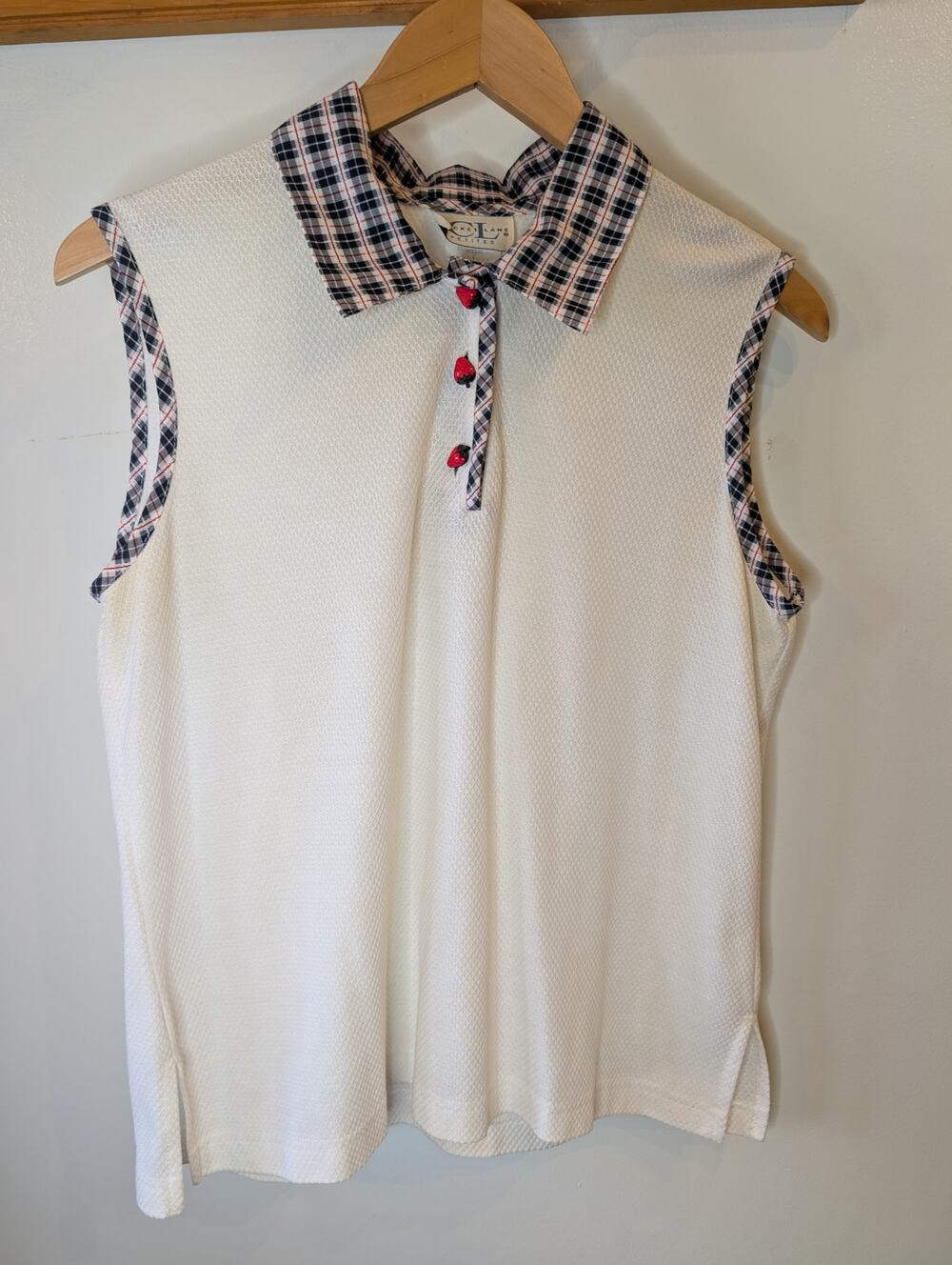 Vintage Cricket Lane Petite Sleeveless Polo Plaid Strawberry Button Top